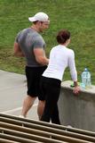 Sophia Bush streching her body at the tracks in Westwood to exercise for her next movie. Exercisign in tight black leggigns showing her ass.